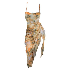 Lunivop Women Y2k Vintage Yellow Tie Dye Flower Print Spaghetti Strap Dress Hem Slim Waist Slit Irregular Dresses Sling Vestido