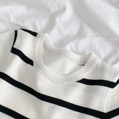 Hnewly Vintage Stripe Knitted T-Shirt Women's Spring Summer New Fashion All-matched O- Neck Short Sleeve Slim Short Shirt Tops