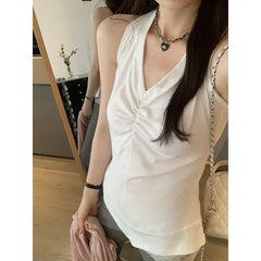 Hnewly Gray French Pleated V-neck Tank Top Women's Slimming Summer New Style Sleeveless Street Fashion Outerwear
