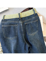 Hnewly Large Size High Waist Jeans Women New Autumn Loose Drawstring Wide Leg Pant Fashion Splice Versatile Straight Leg Denim Pants