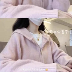Hnewly Milk Fufu Lazy Blue Double Zipper Hooded Knitted Cardigan Women's Autumn and Winter Design Sense Short Sweater Jacket