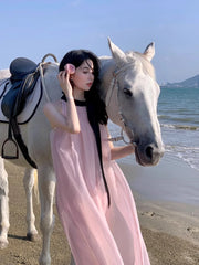 Hnewly French Pink Sleeveless Bow Neck Sleeveless Strap Dress for Women Even Party Korean Y2k Mini Dress Office Lady Summer Elegant