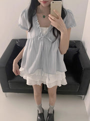 Hnewly Summer Light Blue Striped Shirts Women Fungus V-neck Lace Up Puff Sleeve Blouses New Loose Casual All-match Tops Mujer
