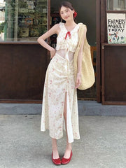 Hnewly Sweet Floral Patchwork Dress for Women Summer Elegant Ruffled Slit Dress Y2K Fashion Lace Up Bow Beach Vacation Party Vestidos