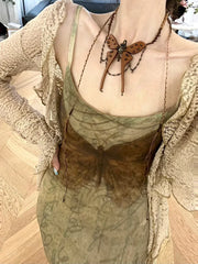 Hnewly Two Pieces Set Japanese Chic Casual Grunge Cropped Cardigans + Vintage Y2k Aesthetic Slim Waist Tunic Sexy Butterfly Print Dress