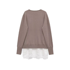 Hnewly Casual Knitted Lace Patchwork Sweater Women Loose V-neck Full Sleeve Female Pullover Spring Lady Cozy All-match Knitwear