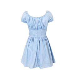 Hnewly Women Navy Blue Ruched Chest Corset Style Short Puff Sleeve Dress Elastic Square Collar Low Waist Pleated Swing Mini Robe
