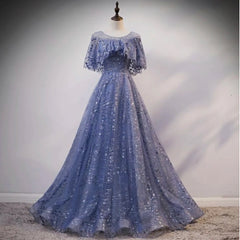 Hnewly Charming O-Neck Flounce Beaded Short Sleeves Evening Dress A-Line Floor Length Tulle Lace Up Custom Made Prom Dress