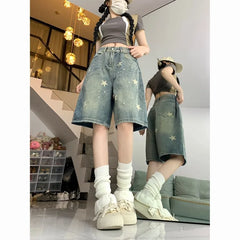 Hnewly American Retro Washed Vintage Star Denim Shorts Y2k Straight Loose Wide Leg Pants New All-match Five-point Pants