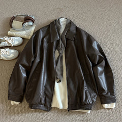 Hnewly Retro Chic pu Leather Jacket Women's 2025 Spring Autumn Fashion Lapel Versatile Windproof Sweet&Cool BF Style Female Outerwear