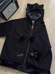 Hnewly Y2k Fashion Black Cat Plaid Patchwork Jackets Autumn New Thicked Warm Tops Mujer Y2k Loose Long Sleeve Zipper Tops Mujer