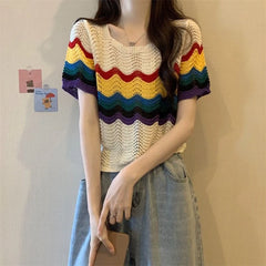Hnewly Korean Sle ort Sve Knitted Top Hollow out Dstring Design Summer New Version Retro Length Women's Faion