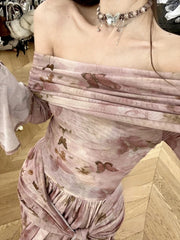 Hnewly Summer French Retro Print Midi Dress Female Casual Irregular Denim Vintage Y2k Dress Women Korean Fashion Evening Party