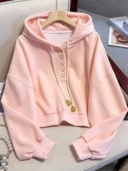 Hnewly Chic Sweet Women Hoodies Long Sleeve Korean Simple Solid Fashion Sweatshirt Fall New Love Buttons Lace Up Cute Short Tops