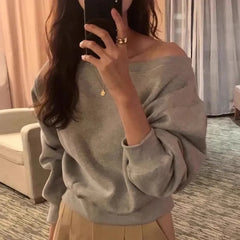 Hnewly Spring and autumn pure color hoodie female temperament a line neck shoulder loose casual short long sleeve hoodie