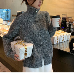 Hnewly Women Zip Up Sweater High Neck Zipper Front Knit Cardigan Sweater Jacket Ladies Autumn Winter Korean Fashion Outfit