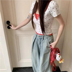 Hnewly Summer Outfit Polka Dots Print Crop Top Sexy Korean Fashion Short Sleeve Tees Cute Button Up Tees Round Neck T Shirts Slim