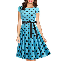 Hnewly Summer Vintage Women's round Neck Cover Sleeve Polka Dot Maxi Dress with Black Silk Cotton Lined Cleanfit mid Waist Dress