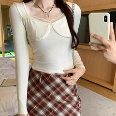 Hnewly spring birthday outfit y2k Fairycore Top Women Fashion Clothes Lace Trim V Neck Long Sleeve Ribbed T Shirt 2000s Coquette Clothing Streetwear