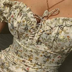 Hnewly Summer Floral Off Shoulder Puff Sleeve Maxi Dress For Woman Robe Sexy Lace Up Side Split Chic Mid-Calf Aesthetic Dress