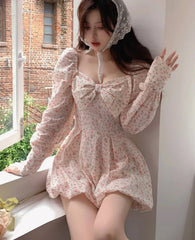 Hnewly Japanese Sweet Floral Lolita Dress Women Bow Chic Elegant Beach Party Dresses Ladies Y2k Pink Kawaii Summer One-piece Dress