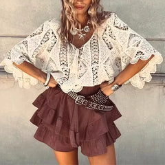Hnewly Sexy Flared Sleeves Solid Color Beach T-shirt Spring Summer Loose Knitted Top Tees Fashion Women's V-neck Lace Up Hollow Blouses