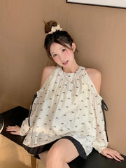 Hnewly Sweet Off Shoulder Shirt Women Long Sleeve Bow Print Loose Blouse Korean Fashion Hollow Out Elegant Female Chic Spring Tops