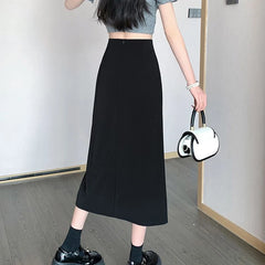 Hnewly Korean Shirring Midi Skirts for Women Fashion Office Side Split Black Skirt Woman Streetwear All-Match High Waist Skirts Female