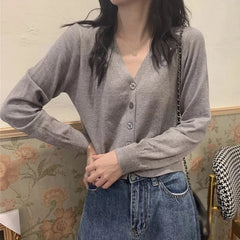 Hnewly FALL OUTFIT Women Knit Cardigans Sweater V-neck Long Sleeve Thin Jacket Spring Autumn Cashmere Cardigans Solid Single Breasted Sweaters