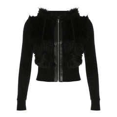 Hnewly trashy outfits Solid Autumn Winter New Hoodies Women Long Sleeve Furry ball Zip Up Hooded Knitted Patchwork Plush Sweats Causal