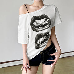 Hnewly Summer Chic Print Loose T-shirt Streetwear y2k Short Sleeve Off-shoulder T Shirt for Women Casual Basic Knit Tee Harajuku