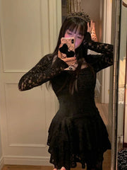 Hnewly Lace Basic Causal Women Dress Square Collar Slim Waist Tunic All Match Dresses Y2k Aesthetic Sexy Fashion Elegant Vestidos