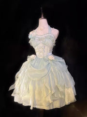 Hnewly Japanese Original Lolita Elegant Lady Green JSK Halter Dress Princess Style Bow Sweet Cute Puffy Dress