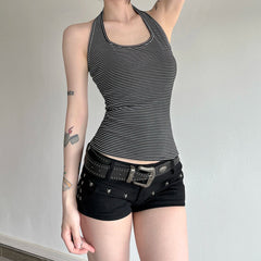 Hnewly Harajuku Black Striped Print Tank Top Women Summer Basic Casual Sleeveless Skinny Halter Crop Top y2k Vintage Ladies Vest
