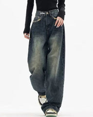 Hnewly Wide Leg Jeans Women Elegant Casual Korean Fashion Style High Waist Daily Retro Washed Vintage Streeetwear Chic All-match Basic