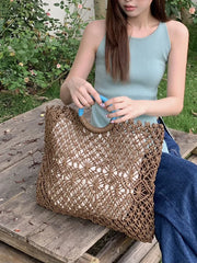 Hnewly Ins Grass Woven Tote Bag Hollow Out Handbags Summer Handbag Circular Handheld Beach Bags For Women Girl