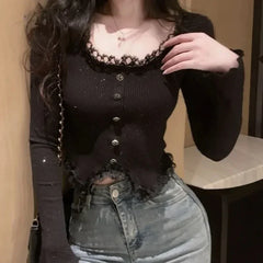 Hnewly Women Shirt Square Collar Chic All-match Long Sleeve Korean Fashion Autumn Sweet Spicy Girls Slim Fit Mujer Hotsweet