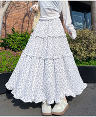 Hnewly Korean Style Printed Long Skirts for Women Sweet High Waist A Line Skirts Woman Fashion Patchwork Ruffles Maxi Skirt Ladies