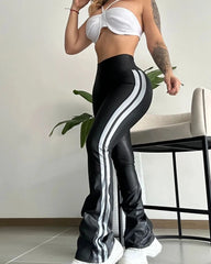 Hnewly 2025 Spring Striped High Waist Skinny Tummy Control Flared Pants Sporty Women Pants