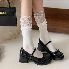 Hnewly Retro Mary Jane Shoes Women's Chunky Heel Butterfly Knot Japanese JK Style Brown Buckle Strap Simple Design Summer Shoes