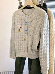 Hnewly Korean Cartoon Embroidered Sweater Women Spring Autumn New Soft Long Sleeved Knitted Cardigan O-neck Single Breasted Top