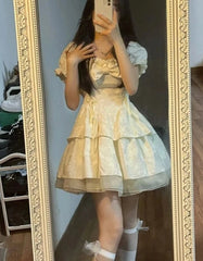 Hnewly DRESS TO IMPRESS Korean Sweet Kawaii Dress Women Summer 2024 White Japanese Cute Party Mini Fairy Dress Bubble Sleeve Casual France Elegant Dress