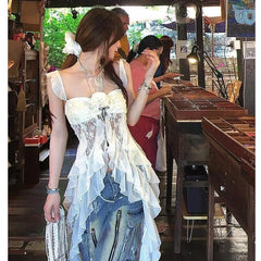 Hnewly American Vintage Lace Strap Vest Women Summer Sleeveless T-shirts 2000s Retro Clothing Harajuku Korean Tees Design Y2k Crop Top