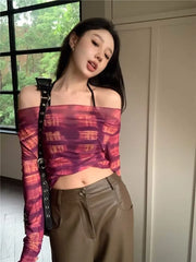 Hnewly Sweet Mesh Long Sleeve Sun Protection T-shirts Summer See Through Thin Tee Shirt 2025 New Sexy Slim Fit Top for Women