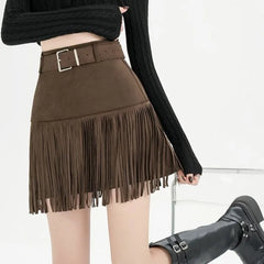 Hnewly Suede Vintage Tassel A-line Skirt Autumn and Winter High-waisted Slimming Hot Girl Maillard Skirt Women Fashion Personality