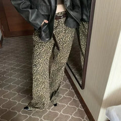 Hnewly Leopard Flare Jeans Women Denim Pants Female Y2K Bootcut Trousers Streetwear Hip Hop Vintage Casual Bell Bottoms