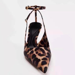 Hnewly New Leopard Print Pointed Toe Office Lady Shoes Autumn Designer Shallow Stilettos Large Size Ankle Strap Women High Heels Pumps