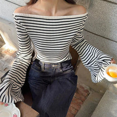 Hnewly y2k Knit Top Women Clothes Elegant Striped Off Shoulder Flared Long Sleeve T Shirt 2000s Aesthetic Clothing Streetwear
