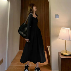 Hnewly Vintage Square Collar Maxi Wedding Dresses for Women Clothing Party Office Lady Casual Black Pockets Bodycon Midi Dress Autumn