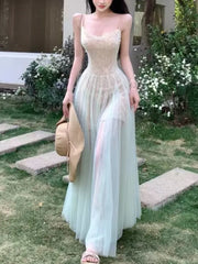 Hnewly Summer Lace Mesh Elegant Spliced Sling Dresses For Woman 2025 Sexy Zipper New Fashion Evening Party Prom Long Dress 2025 Vestido